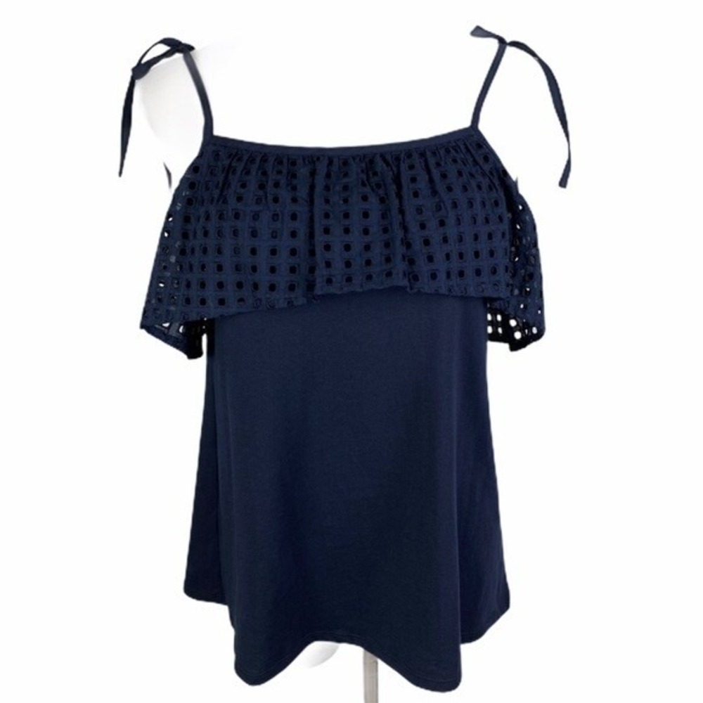 Ann Taylor Loft Tied Spaghetti Strap Tank Blouse Women's XS Navy‎ Blue Eyelet